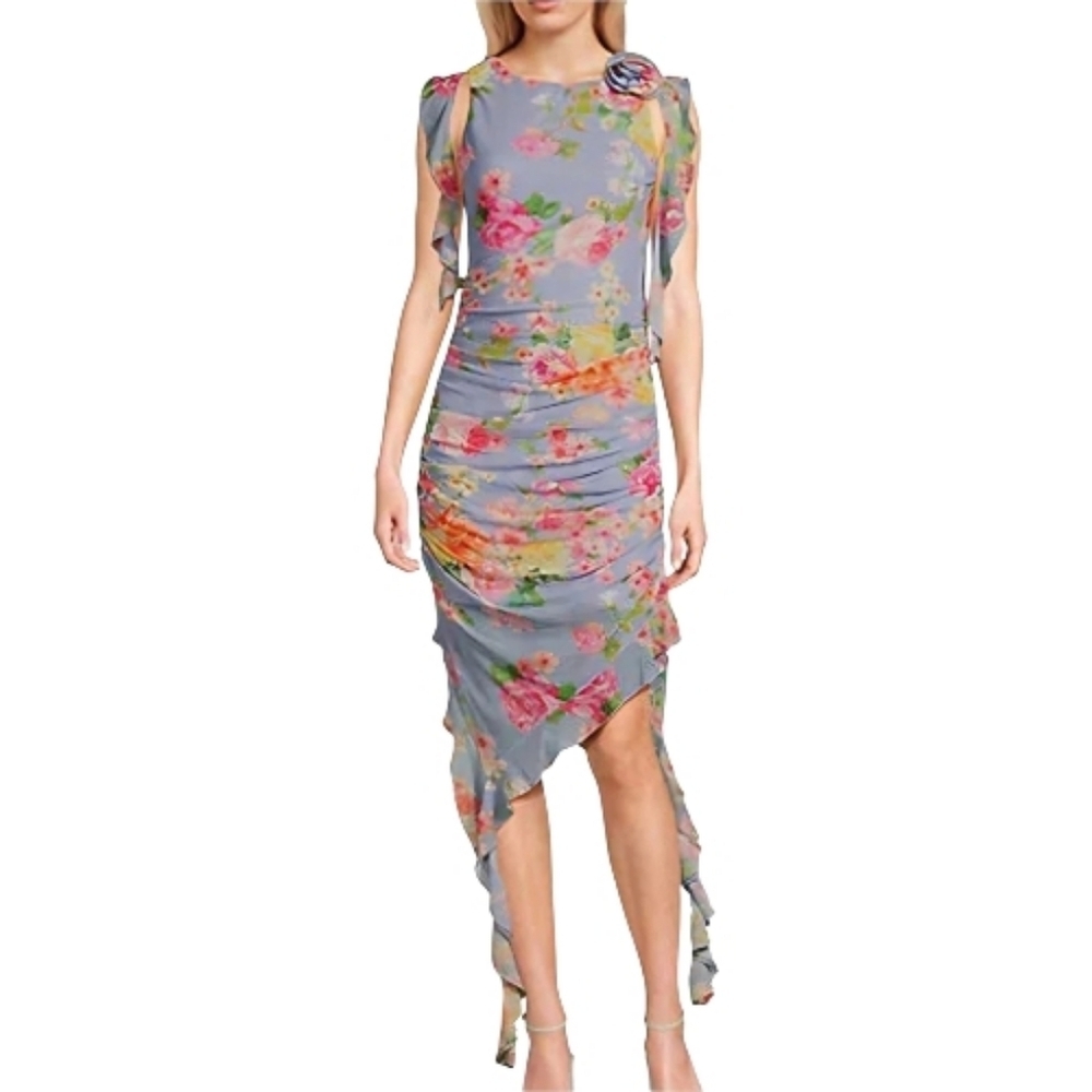 Chelsea & Violet Lavender Floral High-Low Ruched Dress Size Large